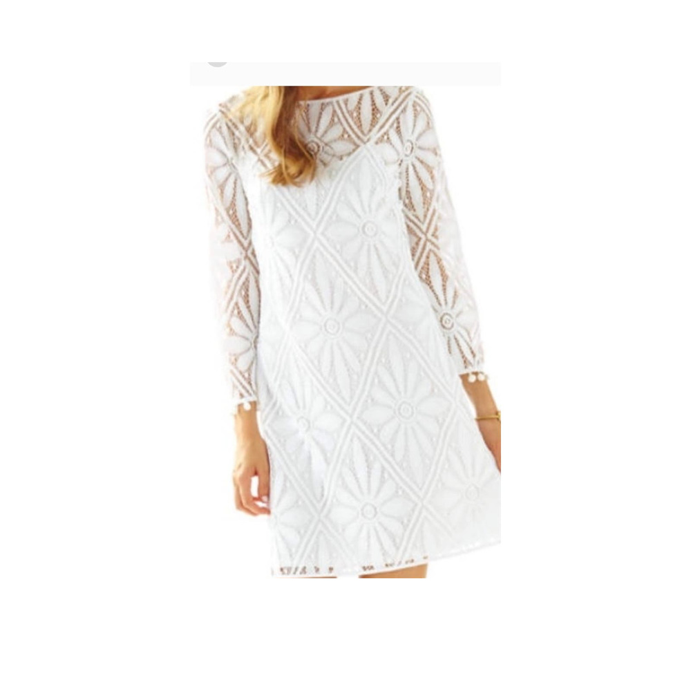 Lilly Pulitzer Sz S TOPANGA Resort White Dress Lace Pom Pom Trim